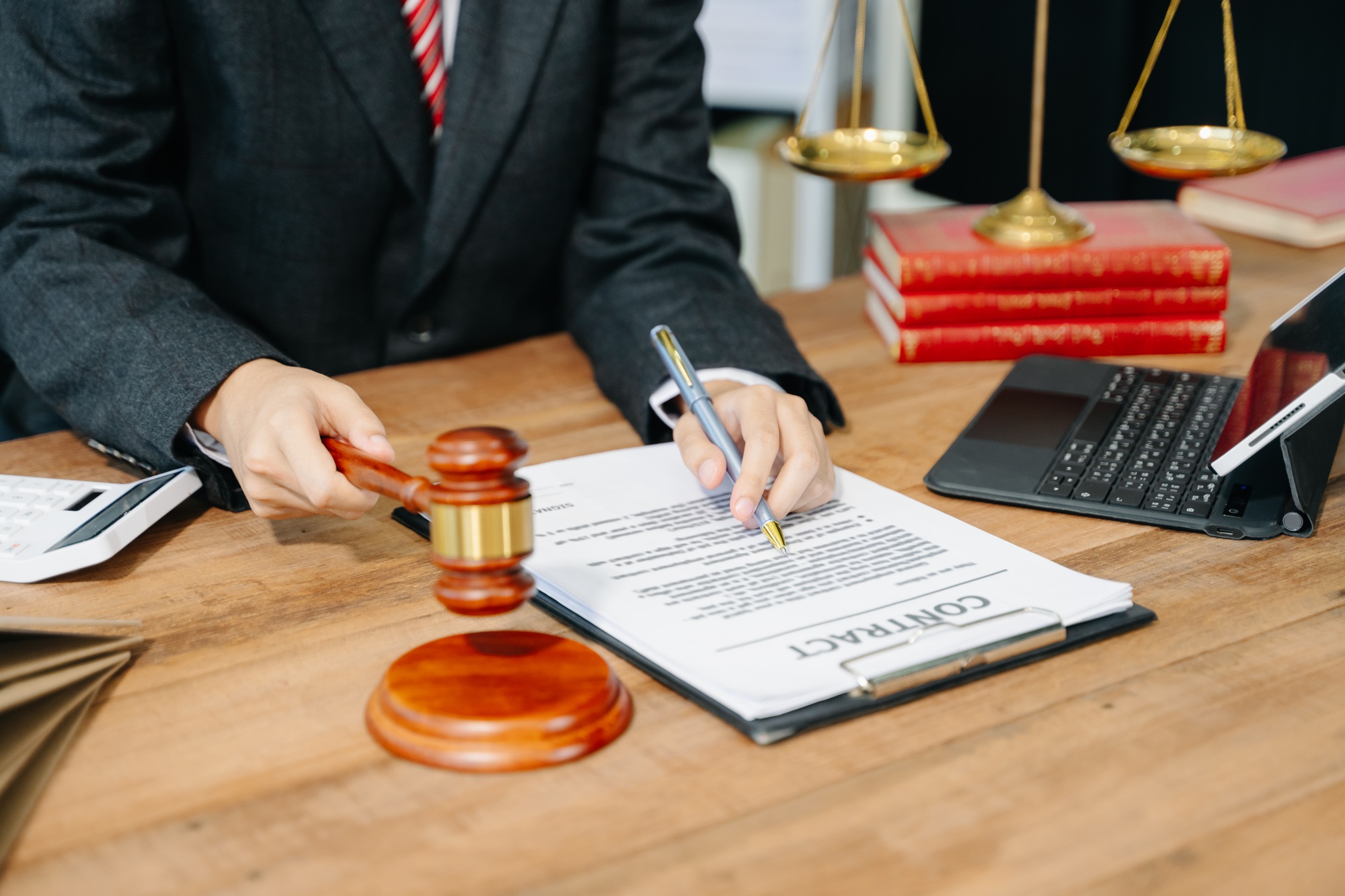 Justice and law concept.Male judge in a courtroom on white table and Counselor